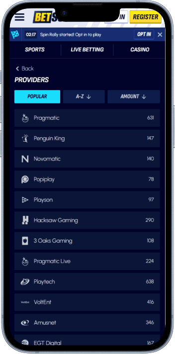 BetScore game providers - Pragmatic, Playtech, Hacksaw Gaming and more