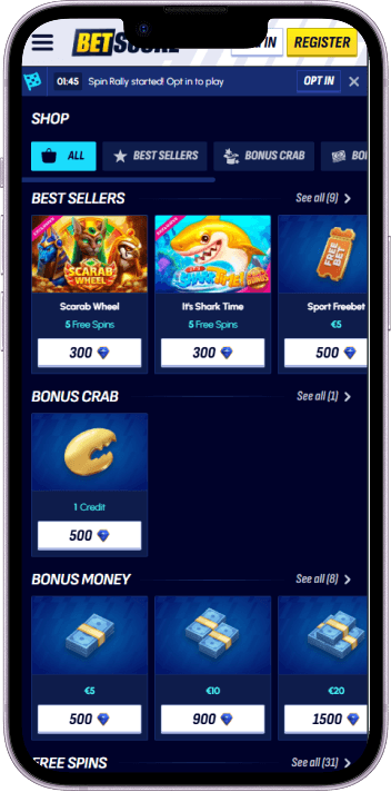 BetScore shop - spend credits on free spins, bonus money and more